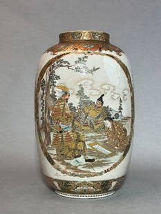 Japanese Satsuma Vase with Warrior Scene, Meiji Period: Japanese Meiji period Kyoto satsuma vase with detail painted samurai scene, previously drilled for lamp. 15"h (38.1 cm) Provenance: From a single private collection in Connecticut. NOTE: THIS ITEM IS