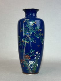 Japanese Blue Enamelled Cloisonne Vase with Bird Scene, Meiji Period
