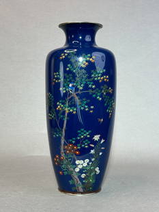 Japanese Blue Enamelled Cloisonne Vase with Bird Scene, Meiji Period: Japanese Meiji period blue enamelled cloisonne vase with bird scene, unsigned. 14.25"h (36.2 cm) Provenance: From a single private collection in Connecticut. NOTE: THIS ITEM IS IN NEW YORK, WHERE IT C
