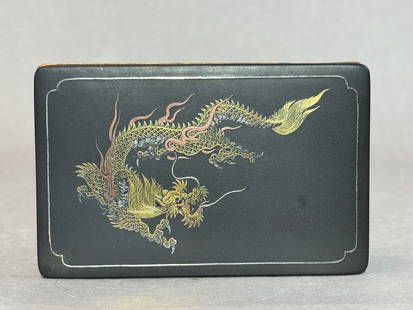 Japanese Komai Box with Dragon Motif: Japanese antique Komai box, iron with gold and silver wire inlay of dragon motif, with old paper documentation. 5"h x 3.25"w x 1.5"d (12.7 x 8.26 x 3.81 cm) Provenance: From a single private collectio