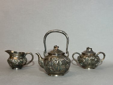 Japanese Sterling Silver Tea Set with iris Design, Meiji Period
