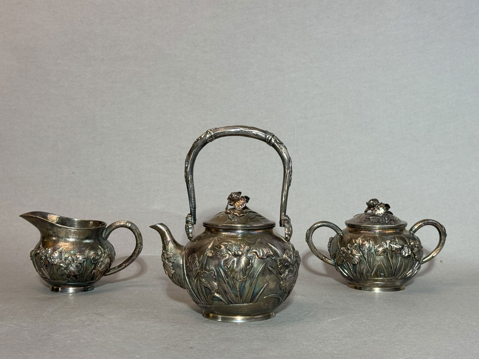 Japanese Sterling Silver Tea Set with iris Design, Meiji Period (1 of 10)