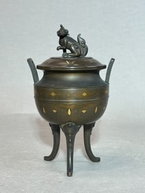 Japanese Mixed Metal Bronze Censer with Gold Inlay, Meiji Period