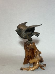 Japanese Bronze Hawk on Rootwood Stand, Meiji Period