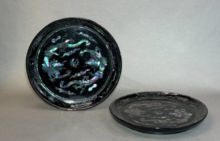 Pair Chinese Lacquer Dishes with Mother of Pearl Dragon