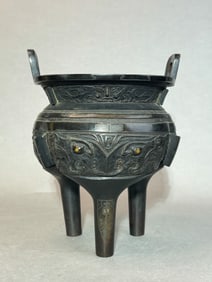 Chinese Large Bronze Ding Censer with Gold Inlay, Ming Period