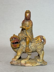 Chinese Shoushan Stone Kuanyin on Buddhist Lion