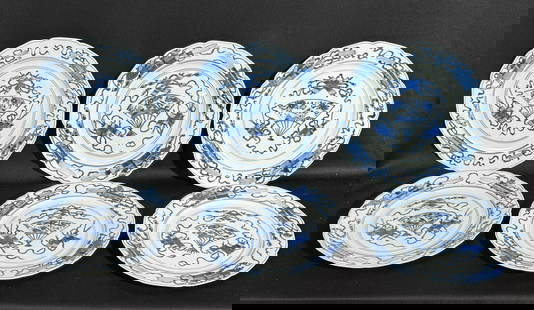 Set of Chinese Kangxi Export Blue White Porcelain Dishes: (lot of 6)Six Chinese antique Kangxi export blue white porcelain dishes. 10.5"dia (26.67 cm) Conditions: fas has edge nick. Provenance: From a single private collection in Connecticut. NOTE: THIS ITEM