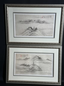 Pair Chinese Watercolour Painting of Pagoda