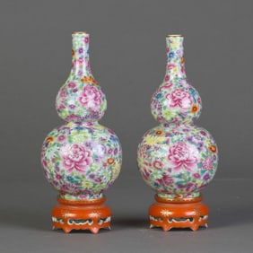 Pair of Double-Gourd Famille Rose Porcelain Vases