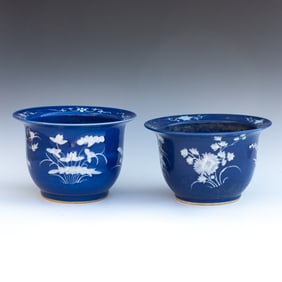 Two Chinese Blue Glazed Jardinieres