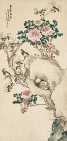 Ju Lian(1828-1904) - Chinese Painting Scroll of Peony