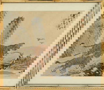 Hu Danqing (19th/20th Century) - Chinese Painting of Two Tigers: Hu Danqing (19th/20th Century), Two Tigers, Chinese watercolor painting depicting a pair of tigers on a cliff edge, overlooking a distant forest, signed and framed. Sight Size: 14.24"h x 17.5"w, overa