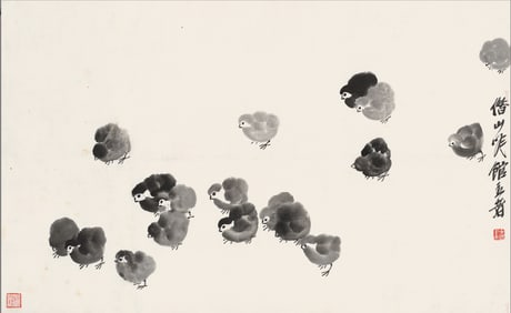 Qi Baishi (1863 - 1957) - Chinese Painting Scroll of Chicken