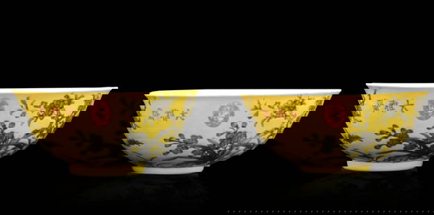 Pair of Chinese Yelow Ground Enamel Bowls, 19th/20th Century: (lot of 2) Pair of Chinese yellow ground enamel bowls, 19th/20th century. A motif of scrolling grapevines with blossoms of peonies against a vivid yellow ground, with three red Chinese characters. Fou