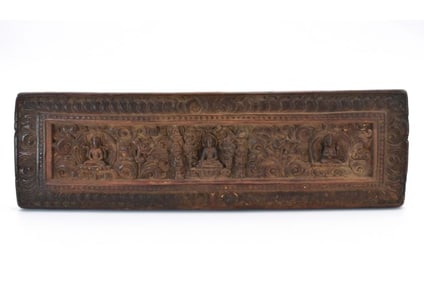 Tibetan Wood Carved Buddhist Plaque, 14th/15th Century