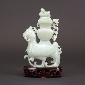 Chinese Celadon White Jade Archaistic Phoenix Vase and Cover, Qing Dynasty