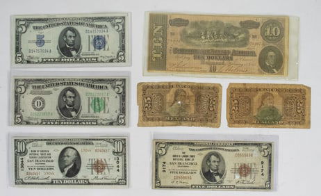 A Collection of 7 misc US and Mexican currency bills