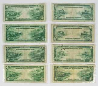 A Collection of 8 1914 US Currency Large Blue Seal Bills, $10 and $20