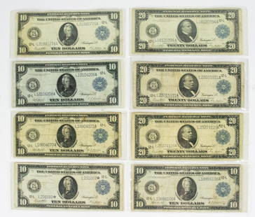 A Collection of 8 1914 US Currency Large Blue Seal Bills, $10 and $20: A Collection of 8 1914 US Currency Large Blue Seal Bills, $10 and $20, comprising of (5) $10 bills; (3) $20 bills [8 total]