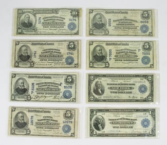 A Collection of 8 US National Currency Notes 1902,1918: San Francisco, New York, Redondo