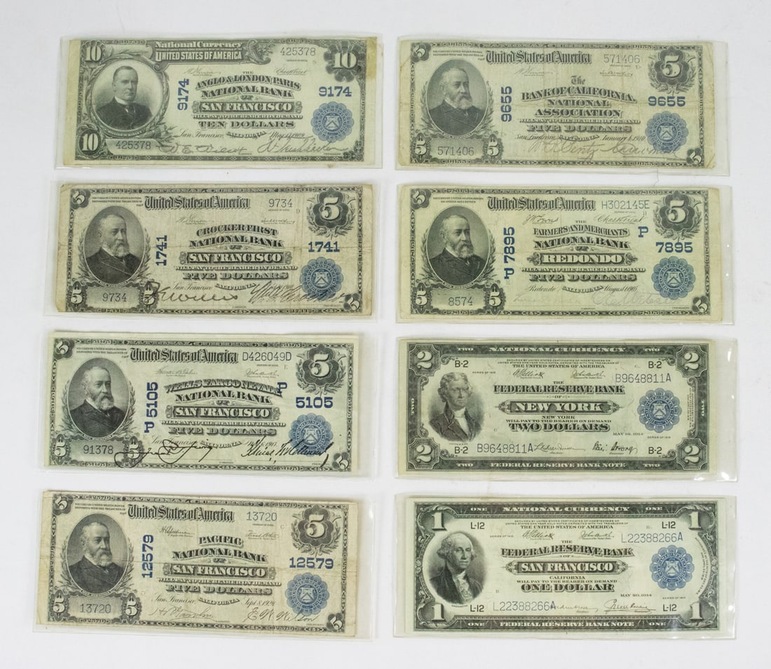 A Collection of 8 US National Currency Notes 1902,1918: San Francisco, New York, Redondo (1 of 5)