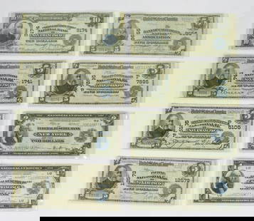 A Collection of 8 US National Currency Notes 1902,1918: San Francisco, New York, Redondo: A Collection of 8 US National Currency Notes 1902,1918: San Francisco, New York, Redondo comprising (1) San Francisco, 1918 $1; (1) New York, 1918, $2; (1) Farmers and Merchants National Bank, Redondo