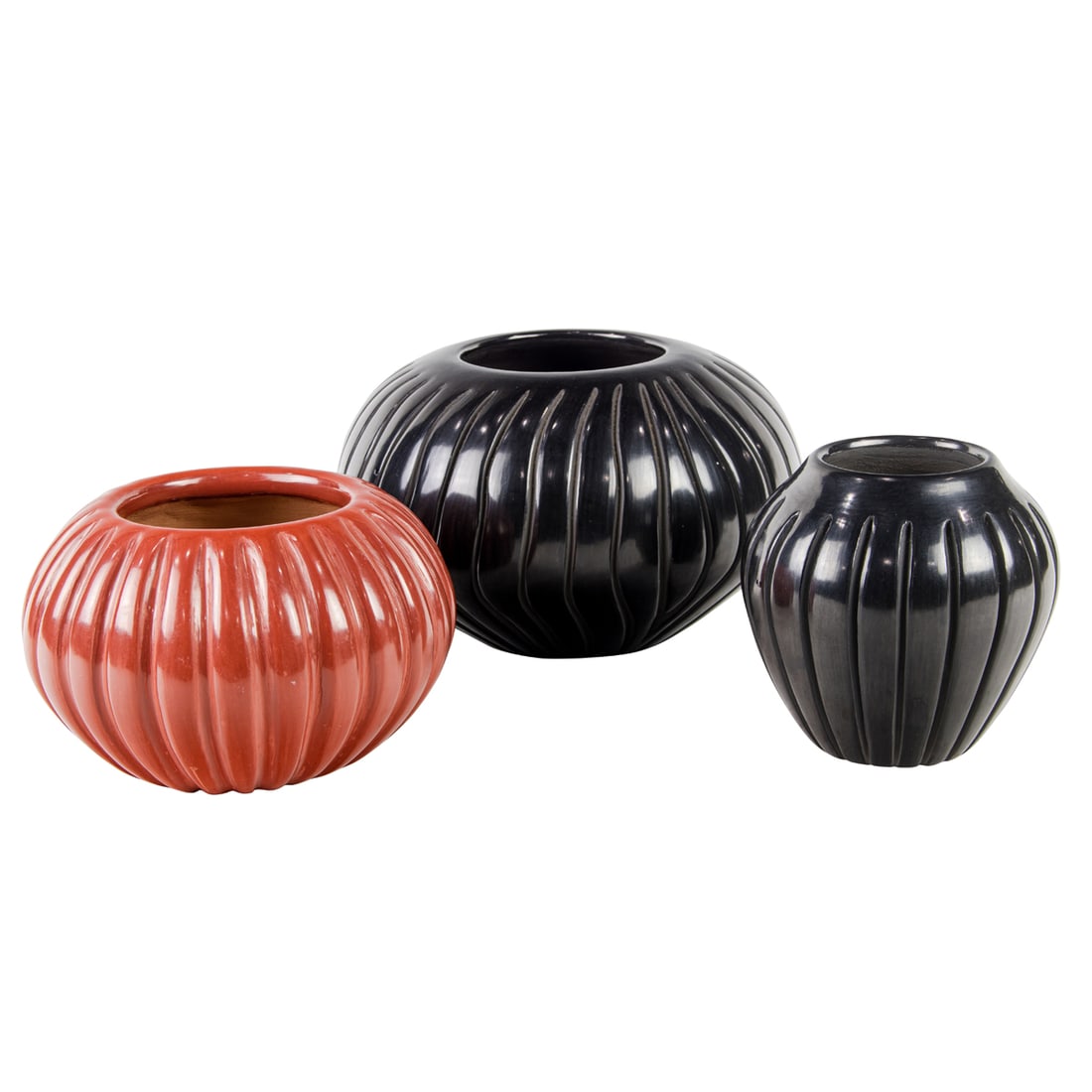 Two Santa Clara Pueblo carved blackware vessels by Anita Suazo and a redware melon pot by Baca (1 of 4)