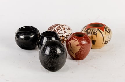 Six Native American pottery vessels, including Santa Clara, Acoma and Hopi