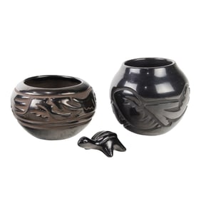 Two Santa Clara Pueblo carved blackware bowls and turtle