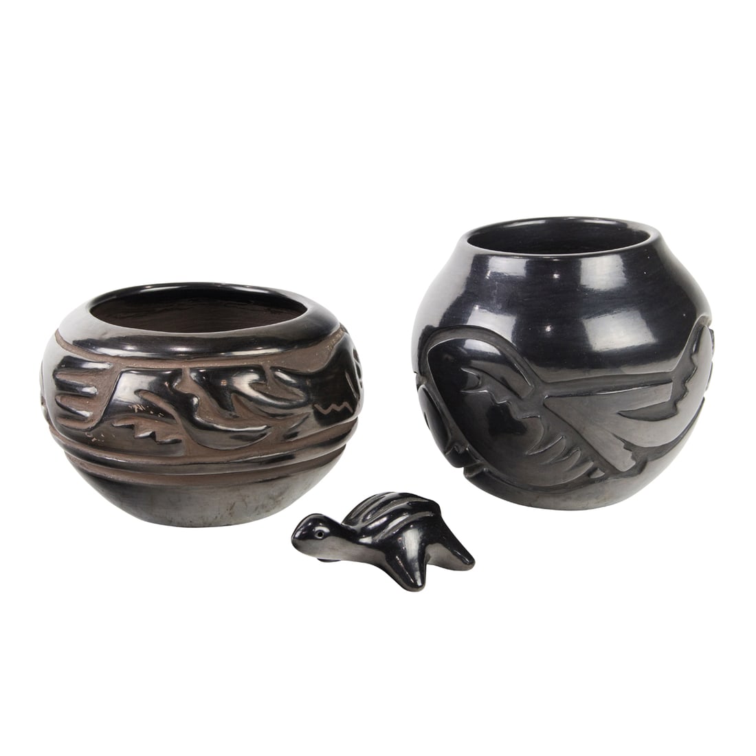 Two Santa Clara Pueblo carved blackware bowls and turtle (1 of 4)
