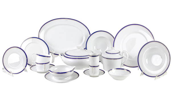 A French A. Raynaud & Co. dinner service porcelain in the 'Diplomate' pattern with cobalt bands: A French A. Raynaud & Co. dinner service porcelain in the 'Diplomate' pattern with cobalt bands, comprising (16) dinner plates, 10.75"dia; (21) salad plates; (21) bread plates; (14) large bowls; (12)
