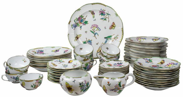 A Herend porcelain partial dinner service in the 'Queen Victoria' pattern: A Herend porcelain partial dinner service in the 'Queen Victoria' pattern, comprising (8) dinner plates, 9.825"; (10) lunch plates, 8"; (9) bread plates, 6.75"; (10) soup bowls, 9.25"; (1) large platt