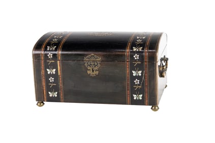 A Tajan Paris brass and mother of pearl inlaid music box