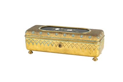 An Italian micromosaic inlaid gilt bronze table or glove box