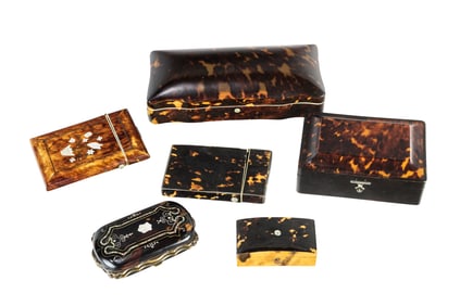 A group of six English shell boxes and card cases