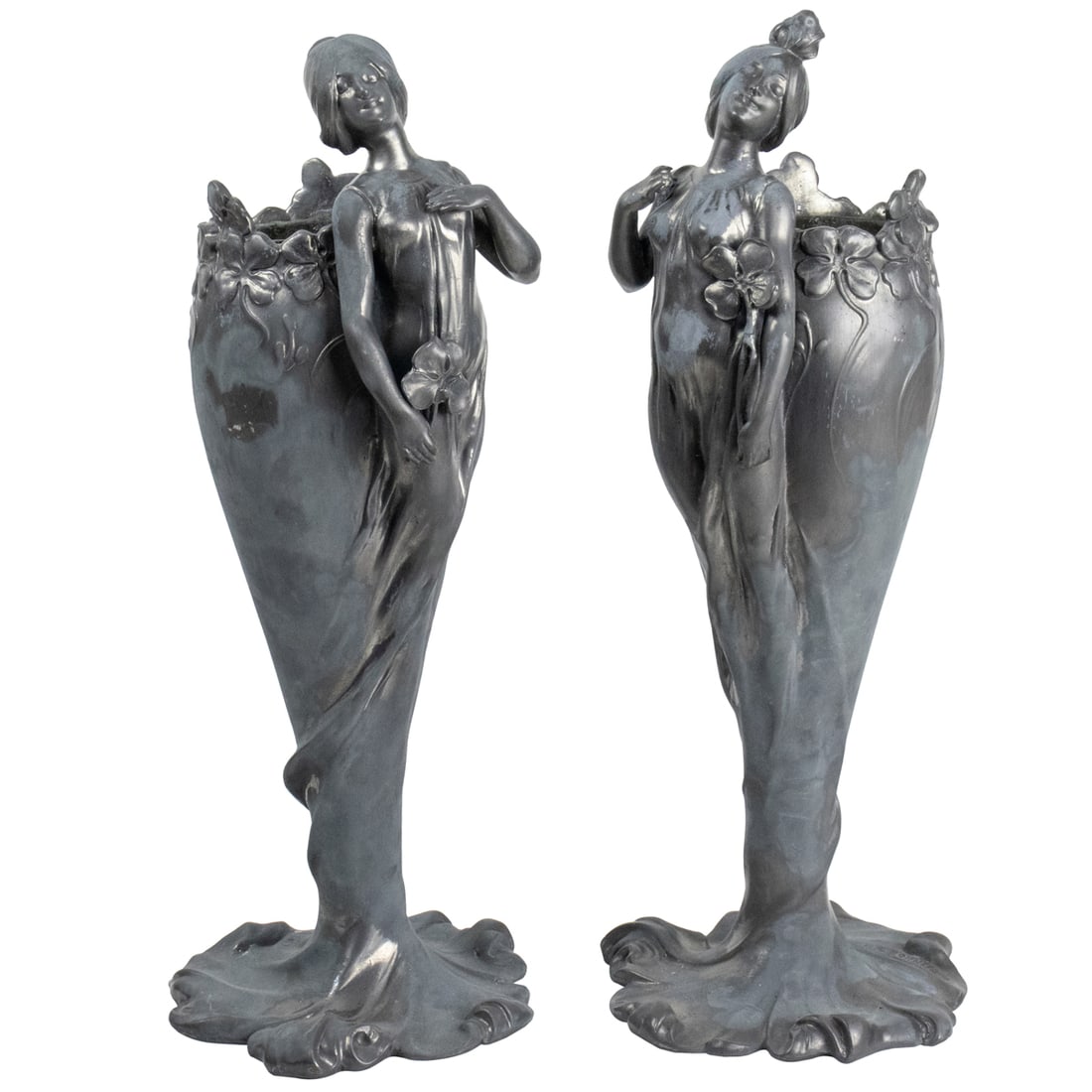 A pair of Art Nouveau pewter figural vases (1 of 5)