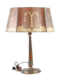 A Spanish Revival cold painted and patinated table lamp with mica shade