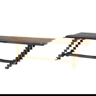A Continental refectory table first half 19th century: A Continental refectory table first half 19th century, the 2" single board top resting on a trestle base with turned legs and through tenons, 30"h x 101"w x 30"d