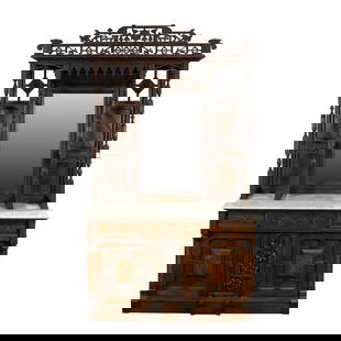 An American Victorian mirrored etagere Grand Rapids circa 1880: An American Victorian mirrored etagere Grand Rapids circa 1880, the tiered sides flanking the original looking glass resting on the lower two door case with raised burl panels and centering the floral
