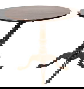 A Chippendale tilt top tea table circa 1770: A Chippendale tilt top tea table circa 1770, the large 32" top resting on a turned standard and rising on a tripod base terminating on pad feet, 28.5"h x 32"w