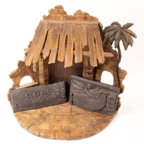 A German hand carved Christian nativity stable by Leonhard Holdrich