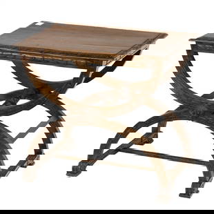 An Italian walnut savonarola table: An Italian walnut savonarola table, early 20th century, the rectangular table top over X-shaped base carved with grotesque mask and ending in scrolled feet, approximately 28?h x 31.5?w x 19.25?d