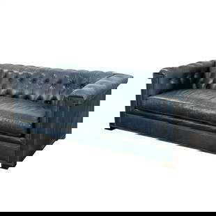 A Hickory tufted leather Chesterfield sofa: A Hickory tufted leather Chesterfield sofa, with blue leather and brass nail head trim, overall 28"h x 84"w x 36"d