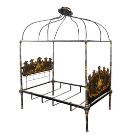An English Victorian ebonized, painted and gilt-decorated papier mache canopy bed