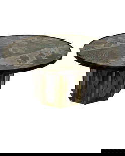 A Philip LaVerne and Kelvin LaVerne Chan coffee table: A Philip LaVerne (American b. 1907-1987) and Kelvin LaVerne (American b. 1937) Chan coffee table, 1960's, having a circular acid-etched and pewter top, decorated with Chinoiserie designs, signed with