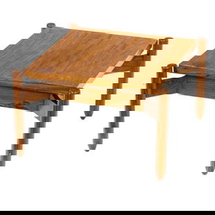 A Modern Brazilian hardwood end table: A Modern Brazilian hardwood end table, the square top resting on X-shaped frame with dowel legs, 14"h x 23.5"w x 23.5?d