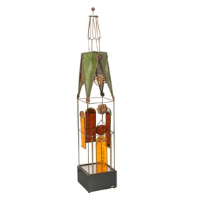 A Curtis Jere copper and glass chapel form table lamp
