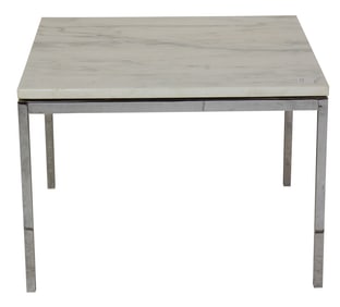 A Knoll style white marble top low table raised on chromed legs