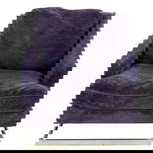 A Bernhardt club chair in the manner of Milo Baughman: A Bernhardt club chair in the manner of Milo Baughman, 1970s, the purple velour upholstered seat and back raised on canteliver chromed metal frame, 28.5?h x 27.5?w x 30?d